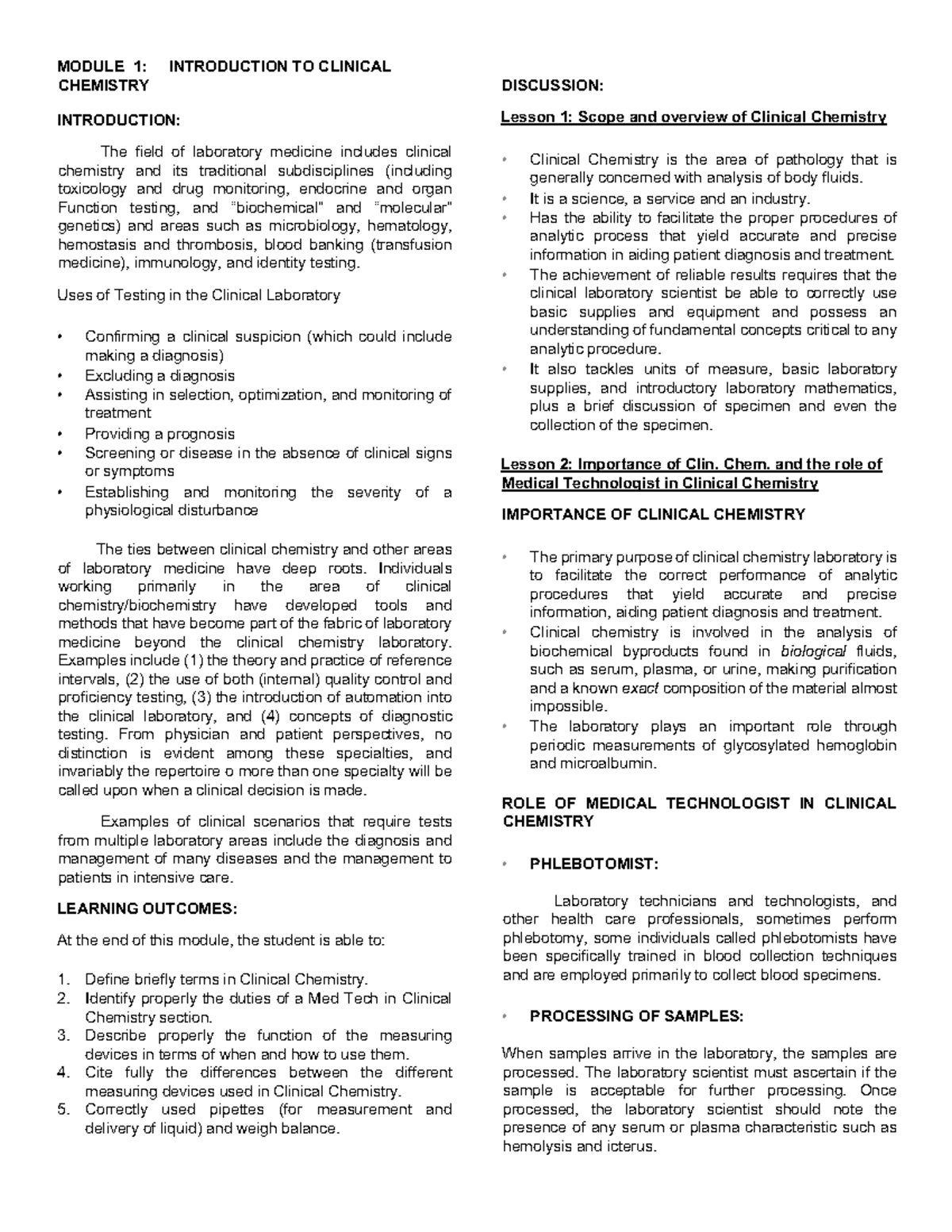 Clinical Chemistry Lecture MODULE 1 INTRODUCTION TO CLINICAL