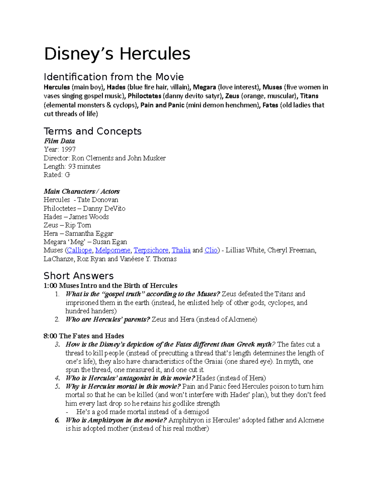 Disney’s Hercules Worksheet Disney’s Hercules Identification from the