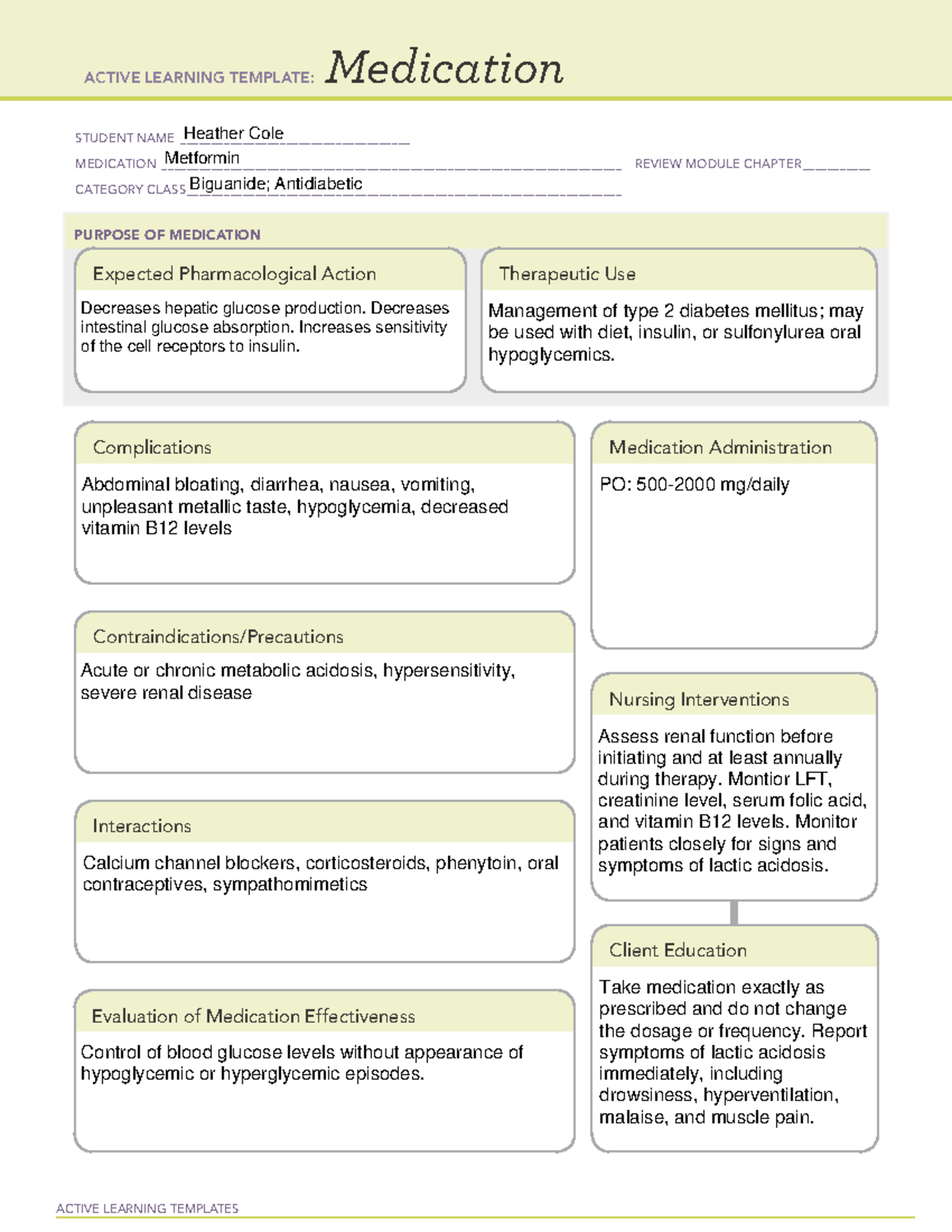 Metformin drug cards ACTIVE LEARNING TEMPLATES Medication STUDENT