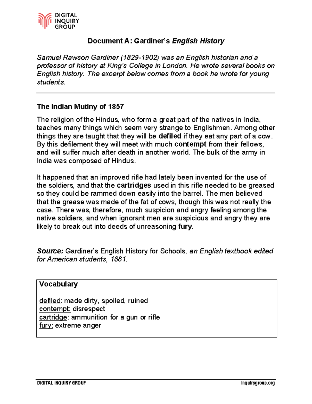 Sepoy Rebellion Analysis 1 - Document A: Gardiner’s English History ...