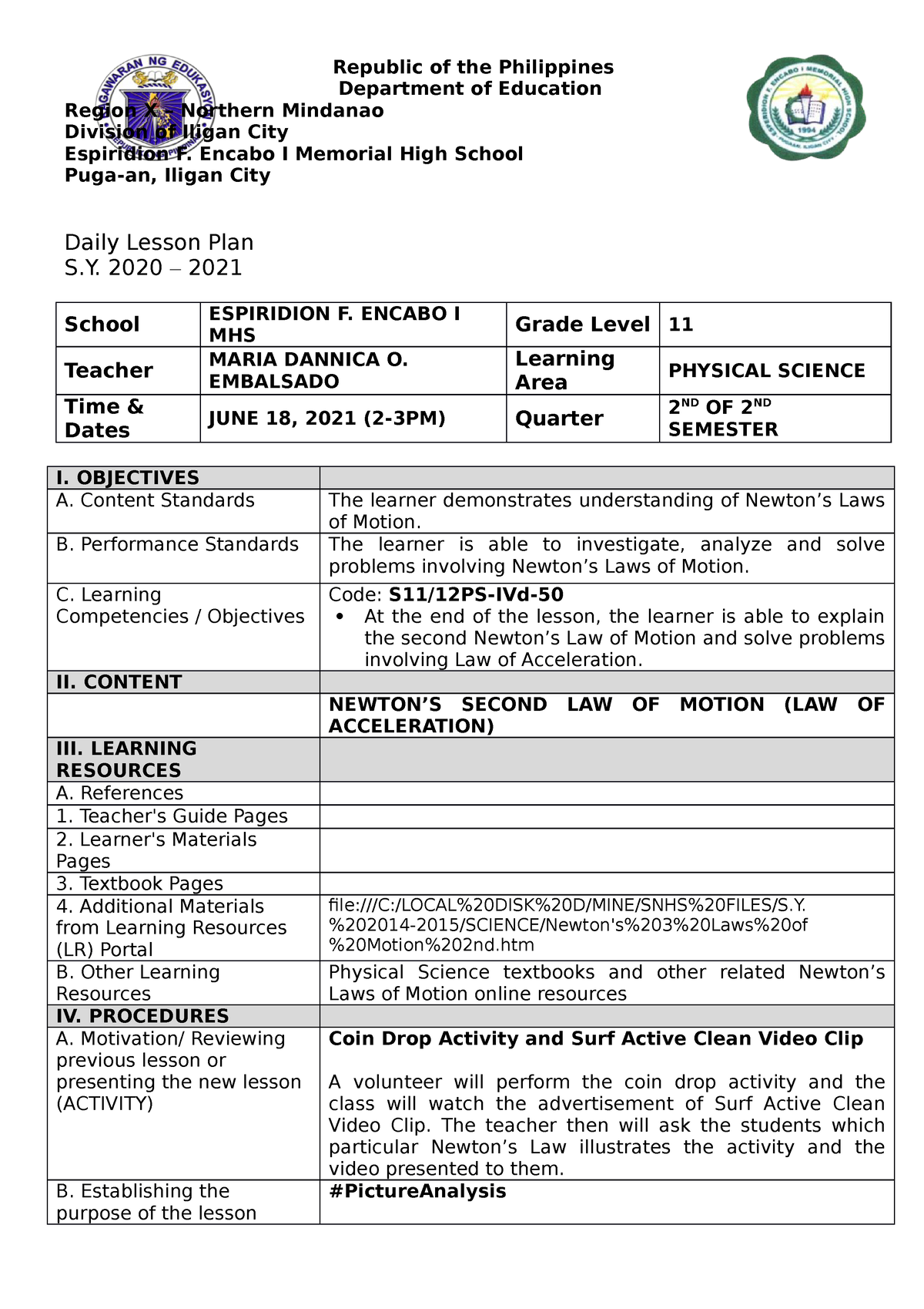 Sample Of 7es Detailed Lesson Plan - Printable Templates Free