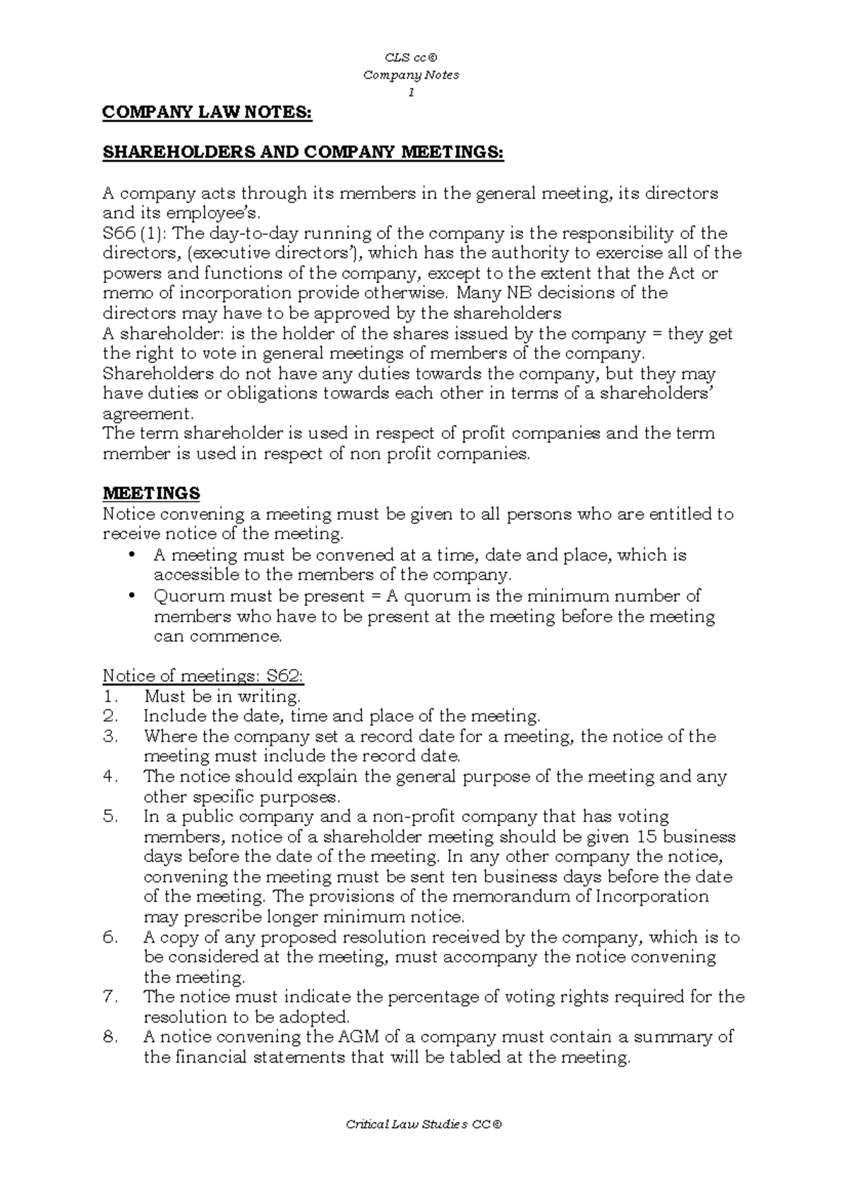 Company Law Notes-1-1 - Company Notes 1 COMPANY LAW NOTES: SHAREHOLDERS ...
