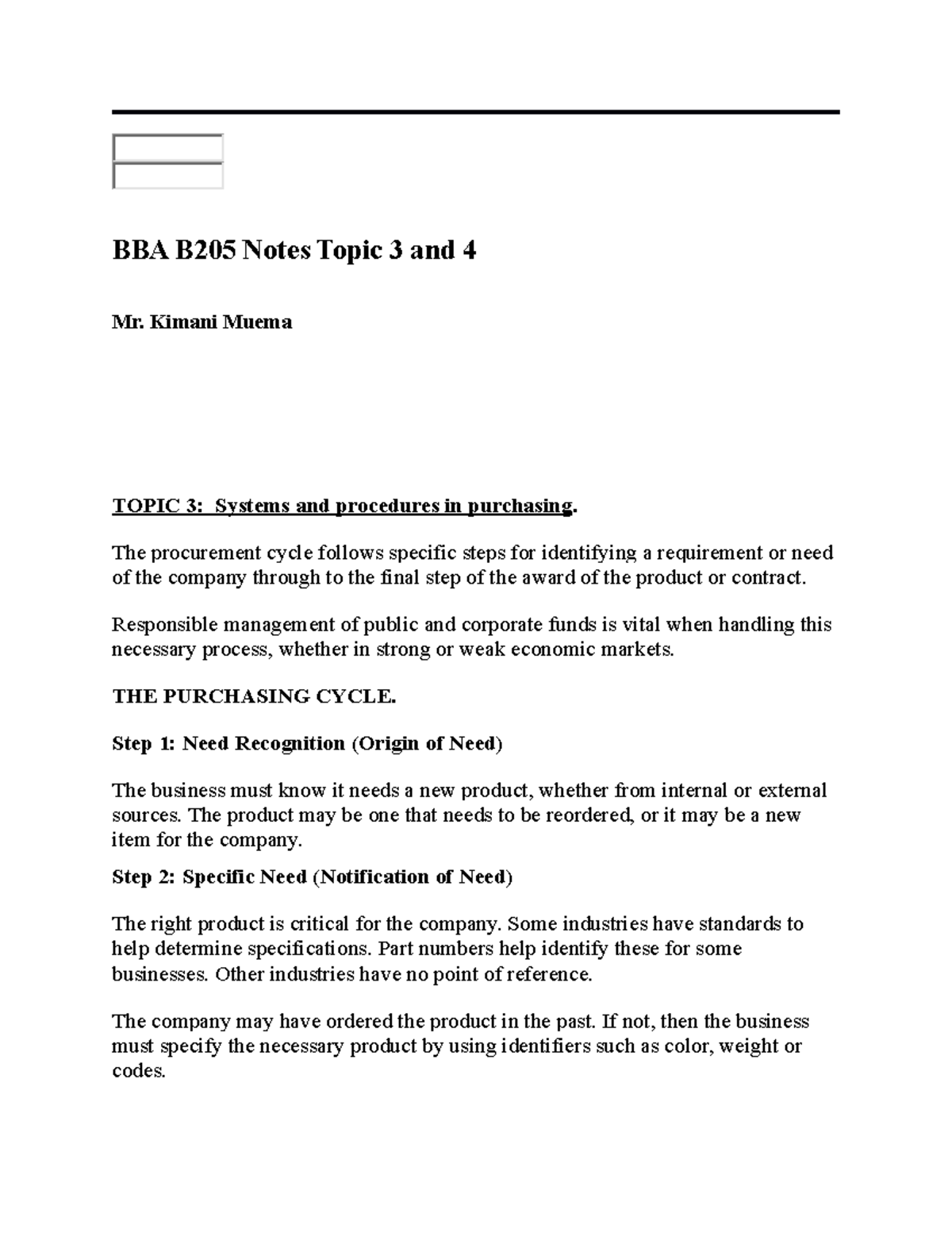 Supply chain management BBA B205 Notes Topic 3 and 4 Mr. Kimani Muema