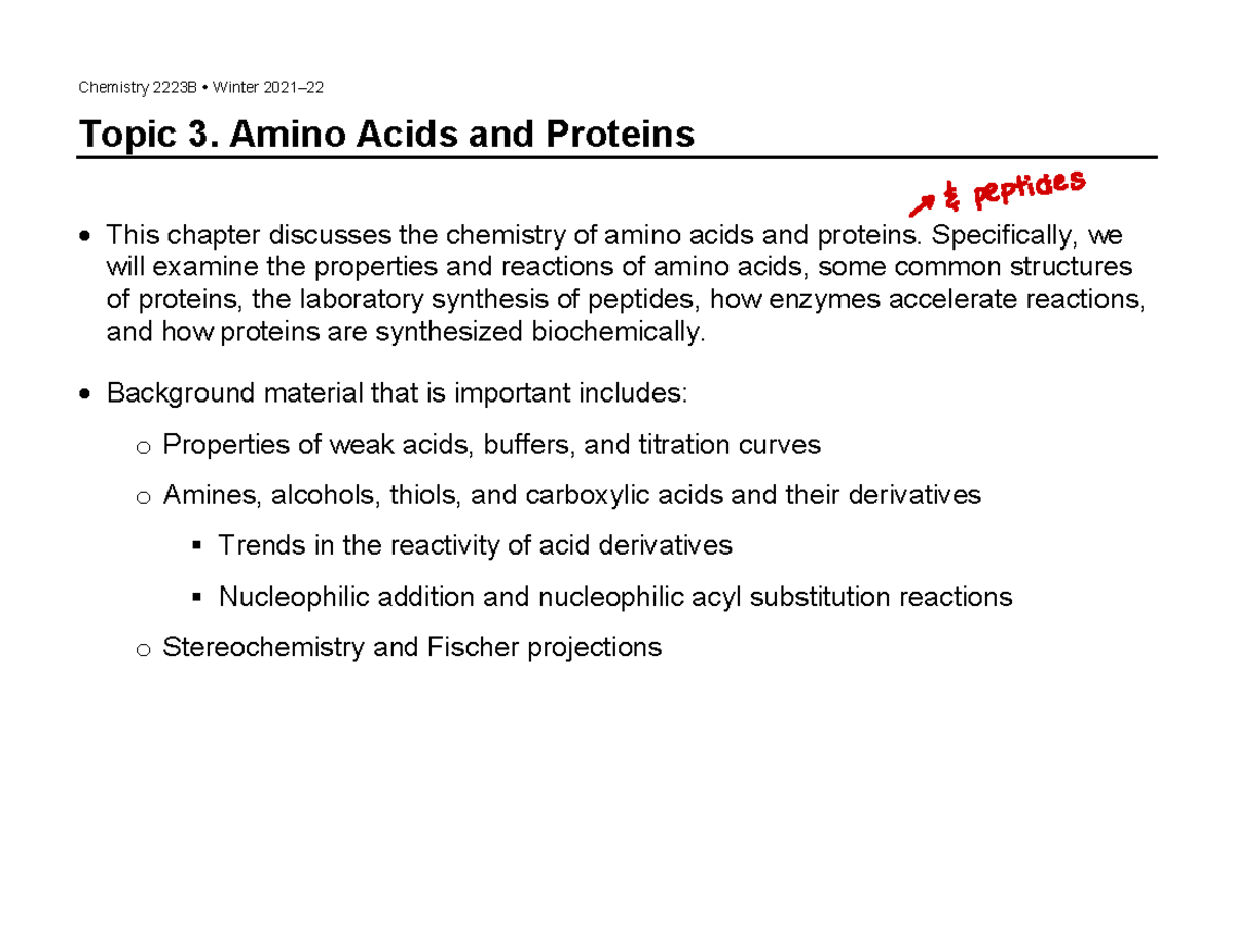 Amino Acids and Proteins Part 2 of Lecture Chemistry 2223B y Winter