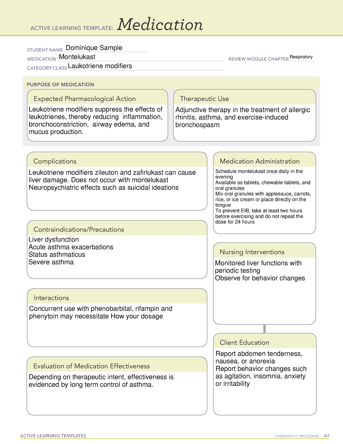 Montelukast Active Learning Template ACTIVE LEARNING TEMPLATES