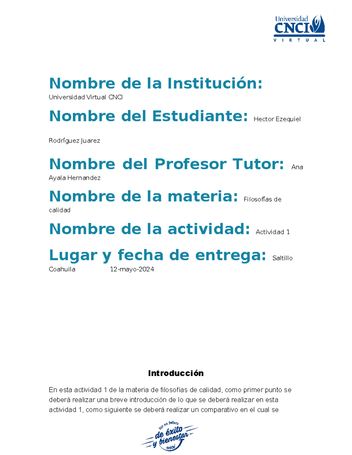 Actividad 1 Filosofias De Calidad - Nombre De La Institución ...