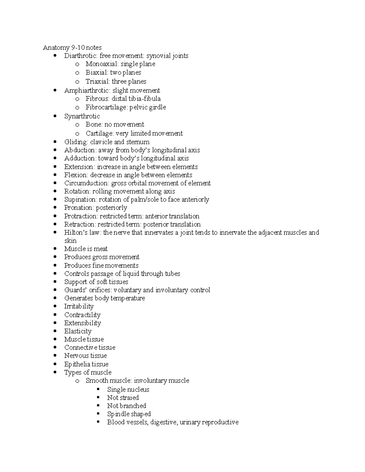 Anatomy lecture 9-10 - final review - Anatomy 9-10 notes Diarthrotic ...