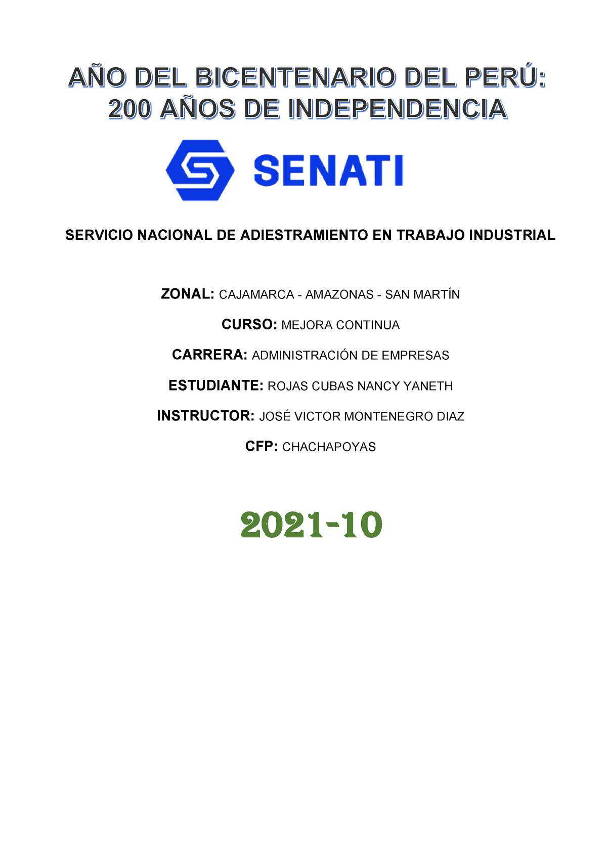 Primera Entrega - Mejora Continua SENATI - SERVICIO NACIONAL DE ...