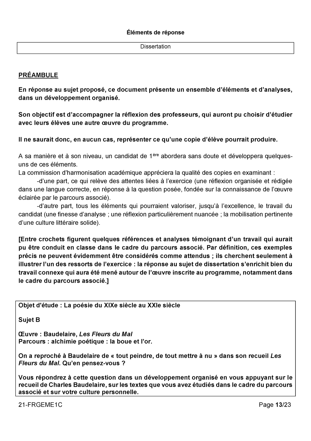 Sujet De Dissertation Les Fleurs Du Mal Francais-premiere-2021-metropole-1-corrige-officiel removed - Éléments de  réponse Dissertation - Studocu