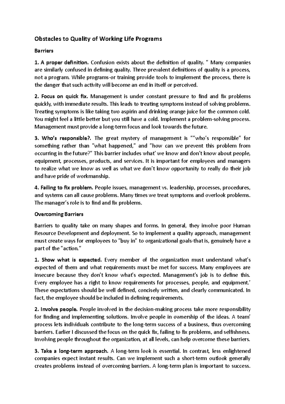 Obstacles to Quality of Working Life Programs - Obstacles to Quality of ...