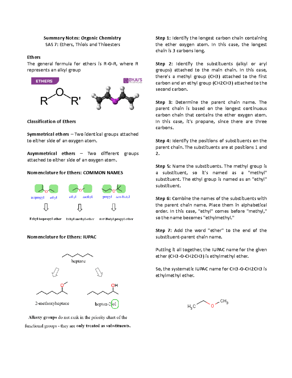 Ethers, Thiols And Thioesters - Summary Notes: Organic Chemistry SAS 7 ...