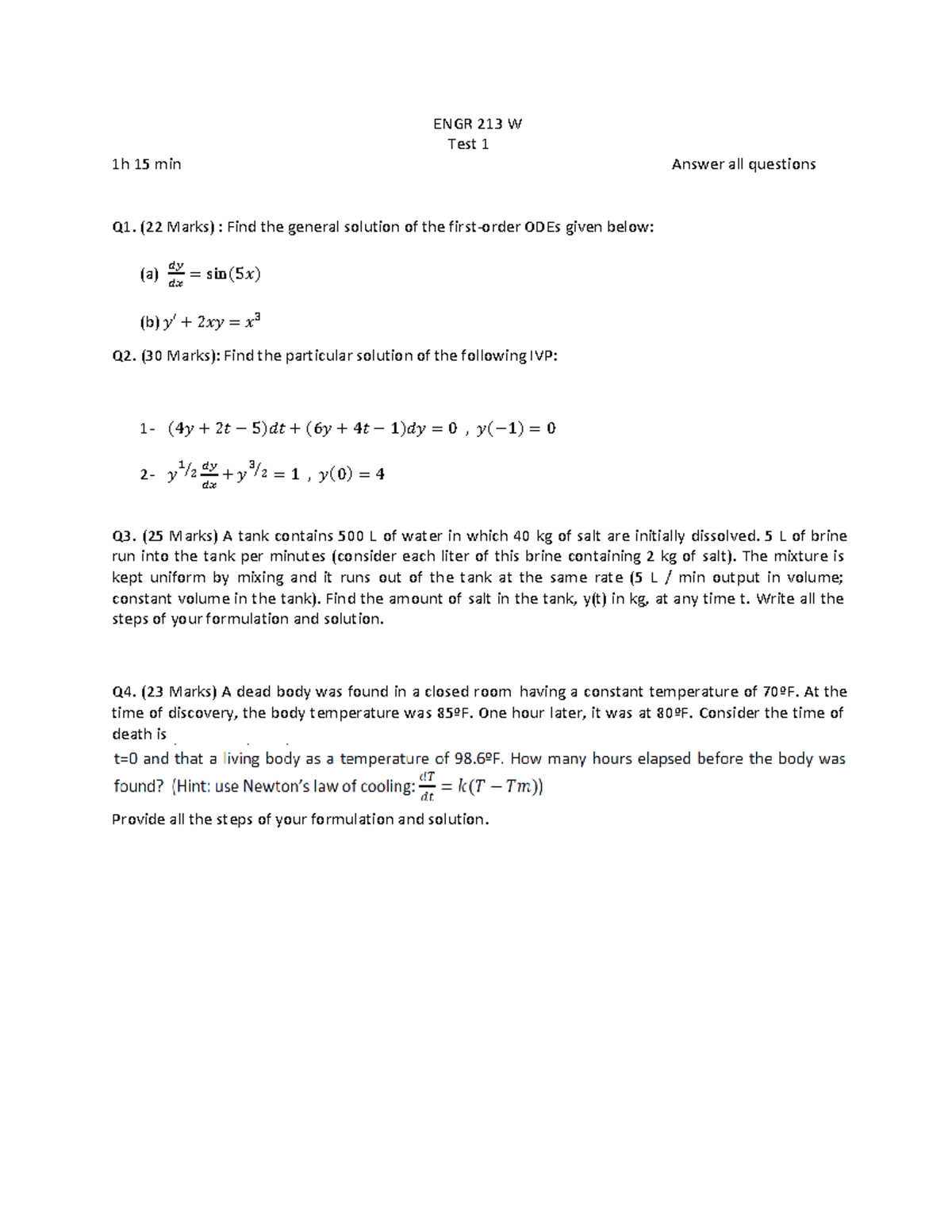 Example ENGR 213 W Test-1 - ENGR 213 W Test 1 1h 15 min Answer all ...