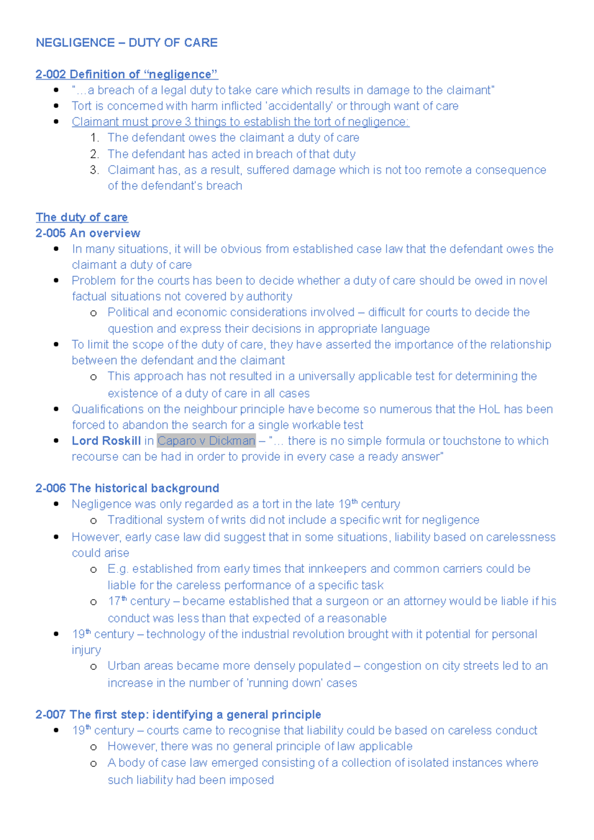 The duty of care - tort law lecture notes - NEGLIGENCE – DUTY OF CARE 2 ...