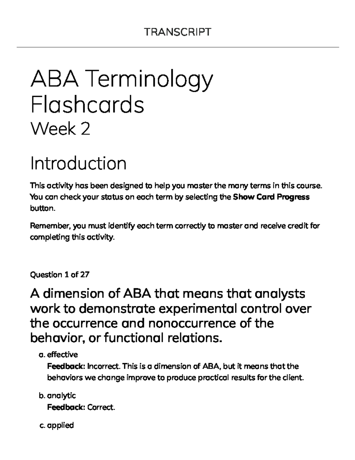ABA Terminology Flashcards Week 2 Transcript - PSY 7708 - CU - Studocu