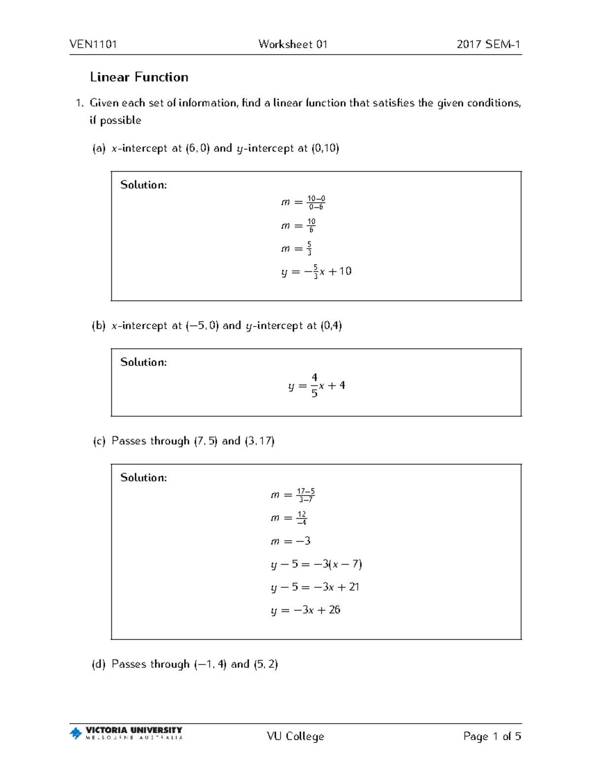 Worksheet 02 with answers - Linear Function Given each set of ...