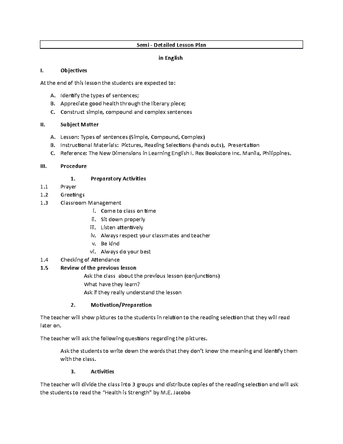 Palada- LP - semi detailed lesson plan types of speech - Semi ...