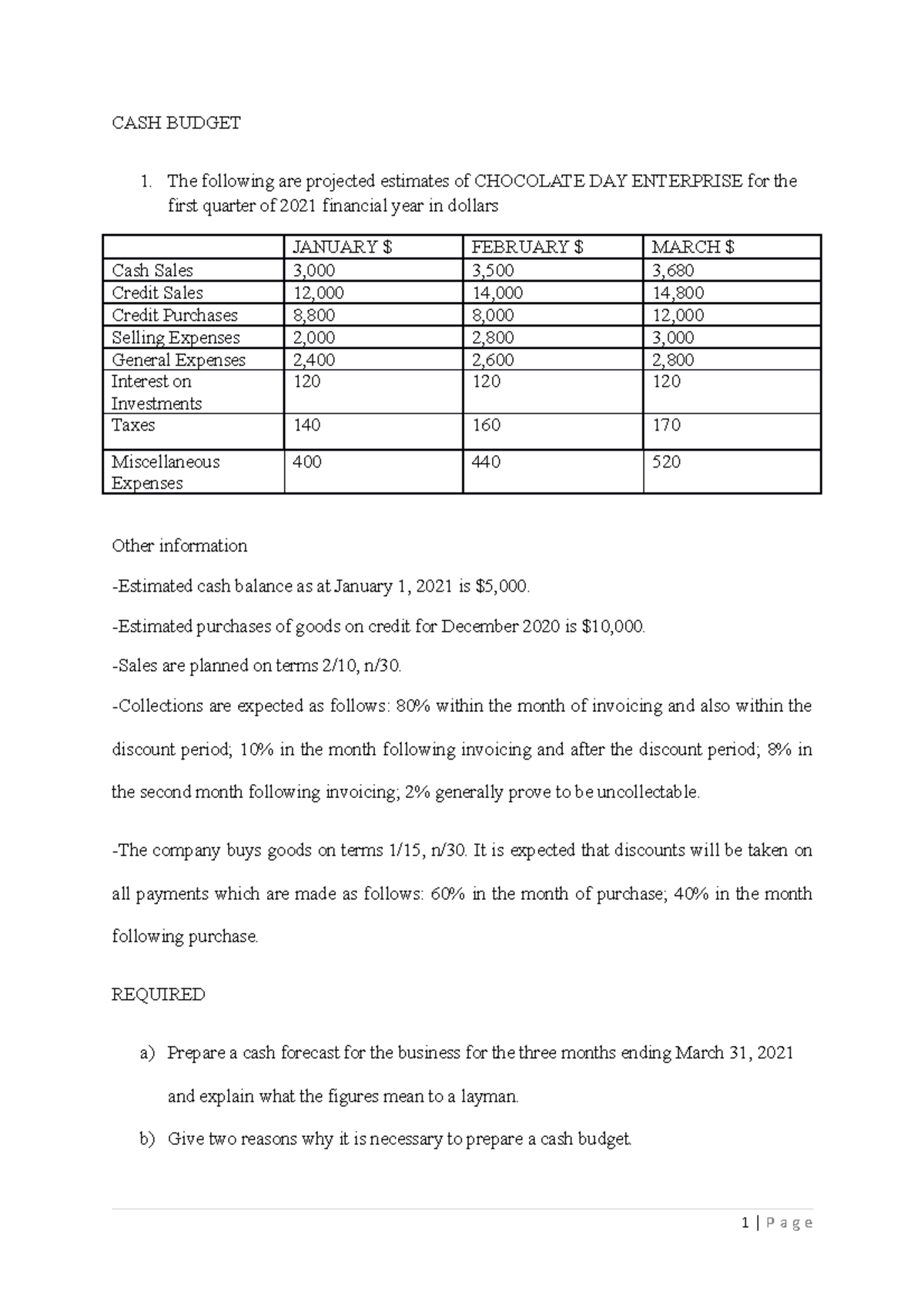 Lecture 2 Budgeting 2023 - CASH BUDGET The following are projected ...