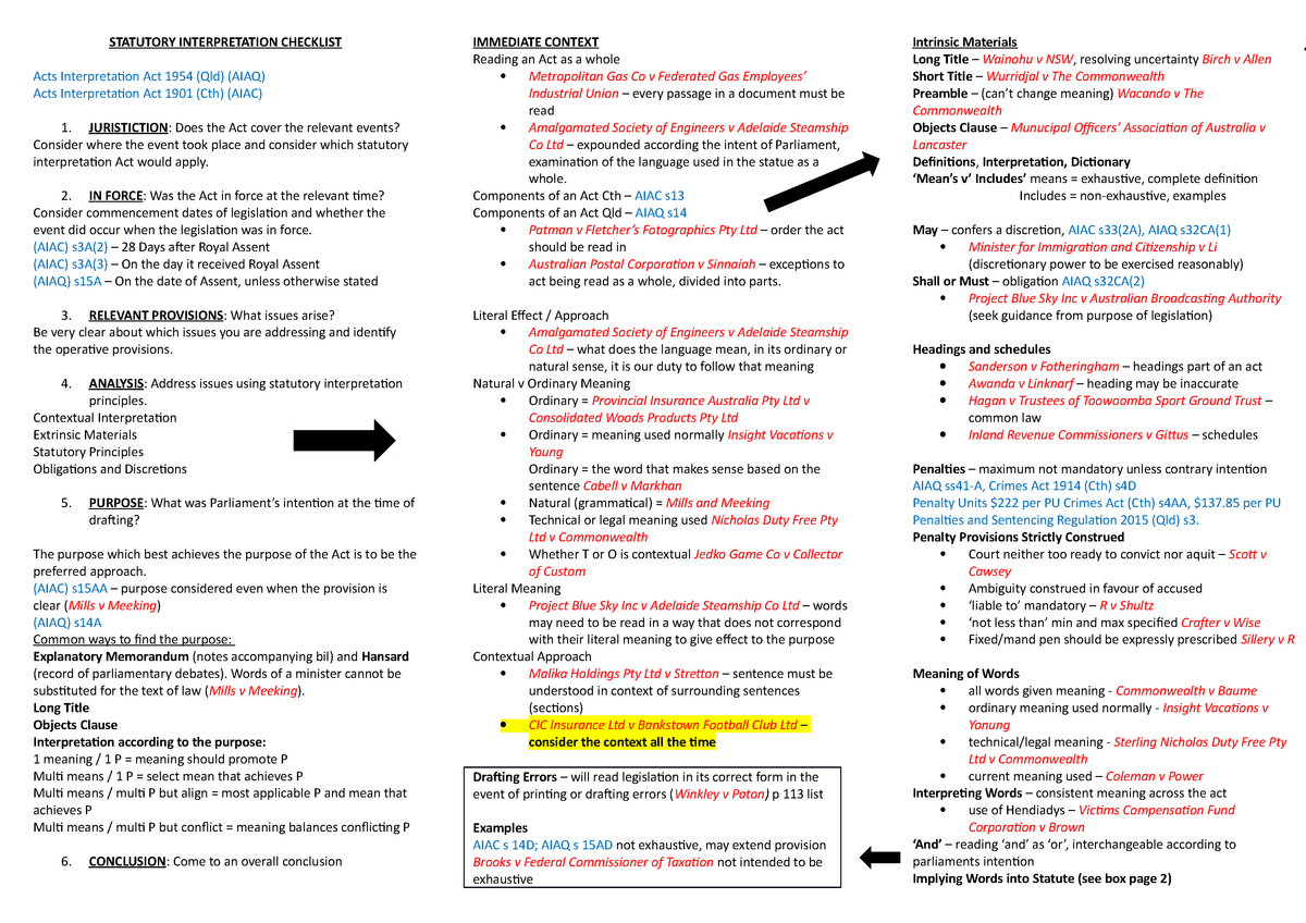 Steps For Statutory Interpretation Statutory Interpretation Checklist Acts Interpretation Act 3374