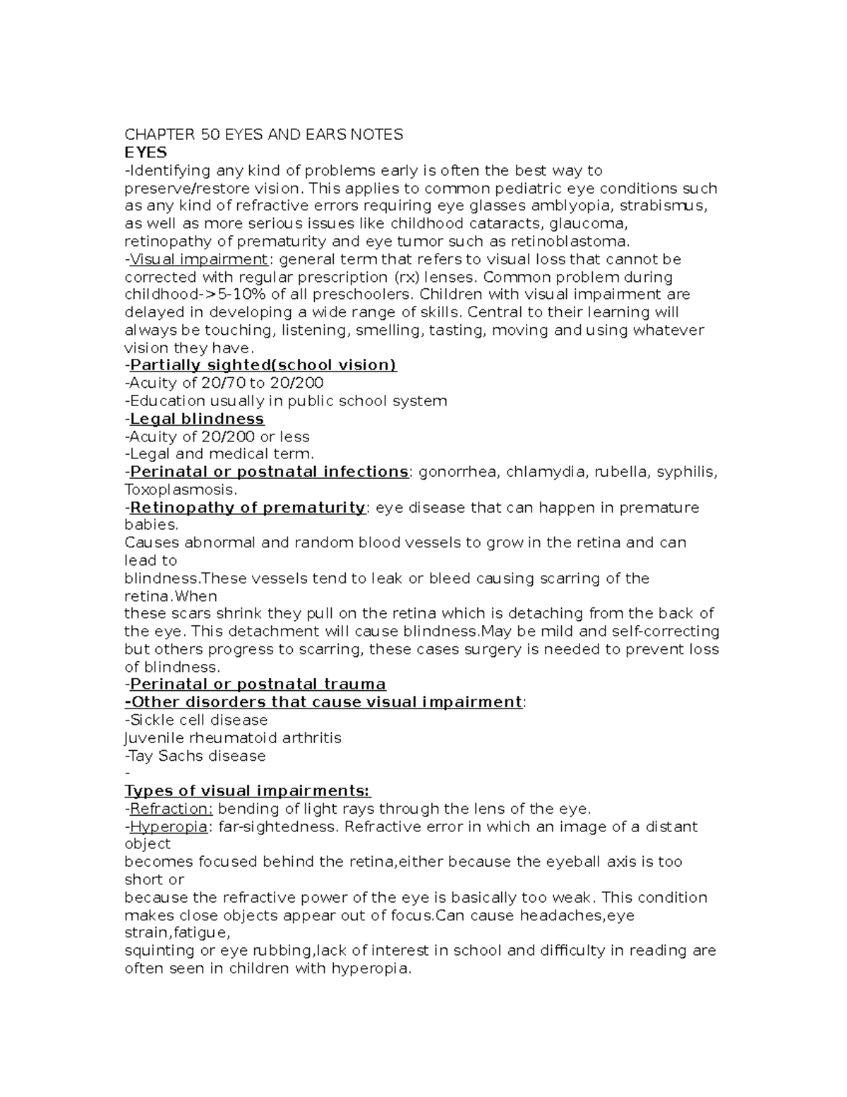 Eyes, ears, and cognitive CHAPTER 50 EYES AND EARS NOTES EYES