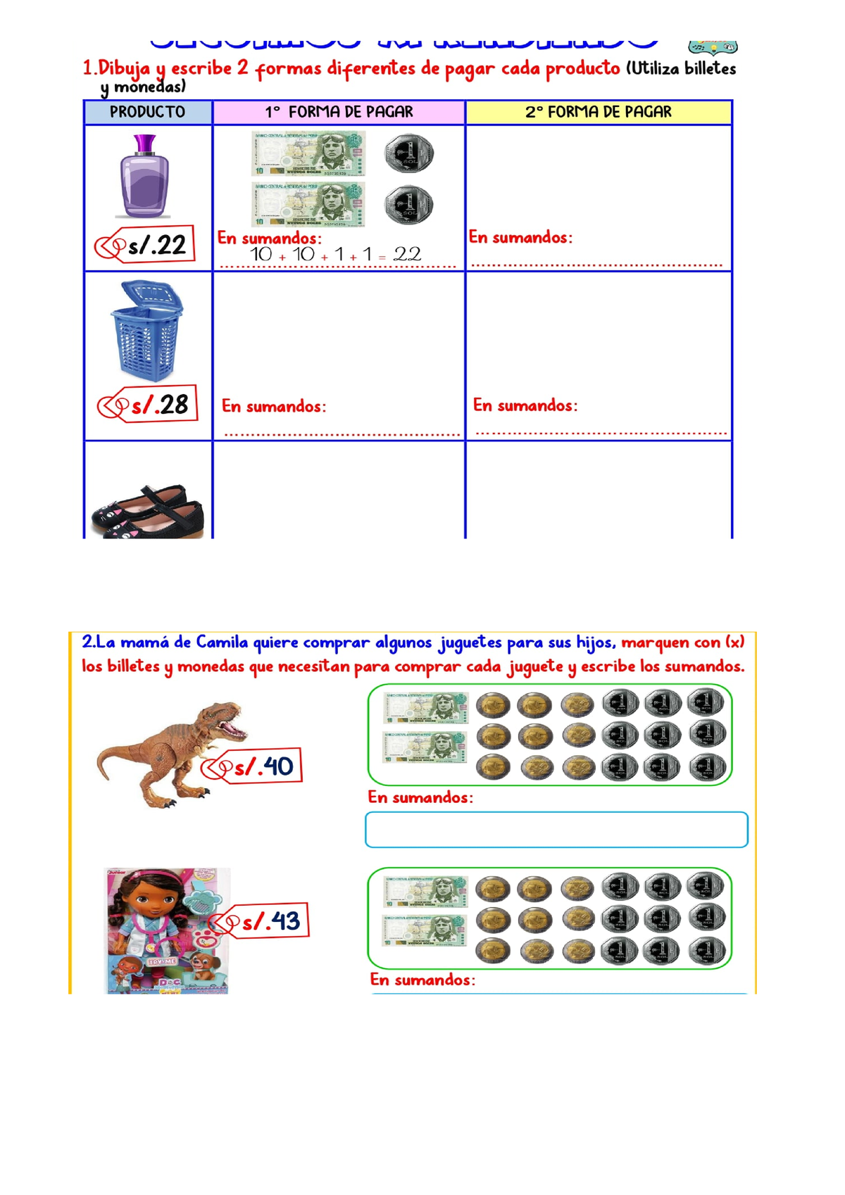 Ficha Monedas Y Billetes Pagamos - Matemática - UNJFSC - Studocu