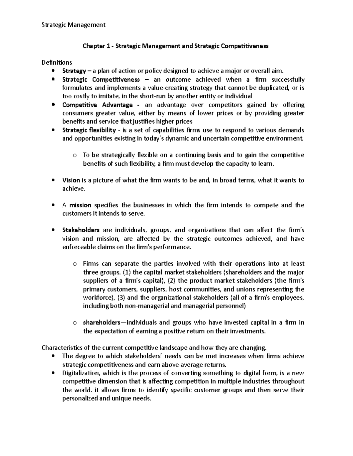 Textbook Notes - Strategic Management - Chapter 1 - Strategic ...