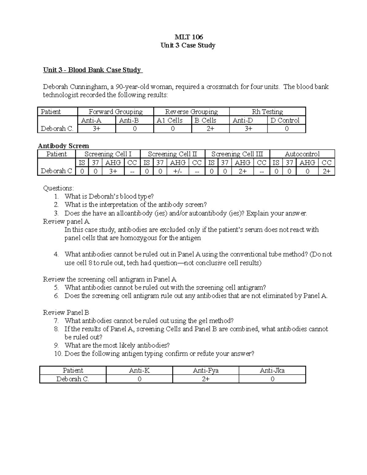 Unit 3 Case Study Document - MLT 106 Unit 3 Case Study Unit 3 - Blood ...