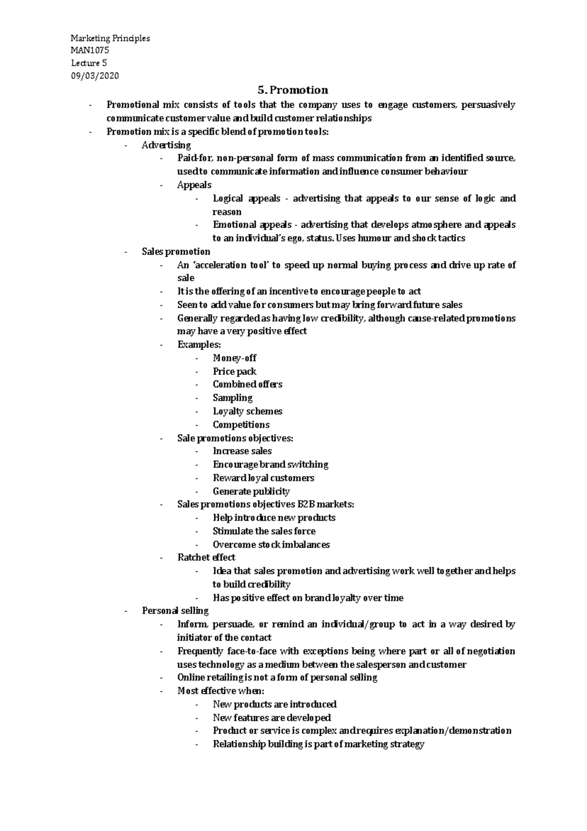 5. Promotion - Complete lecture notes week 5 - Marketing Principles MAN ...