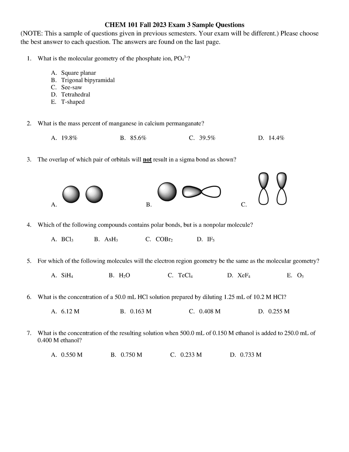 CHEM 101 FA23 Practice Exam 3 - CHEM 101 Fall 2023 Exam 3 Sample ...