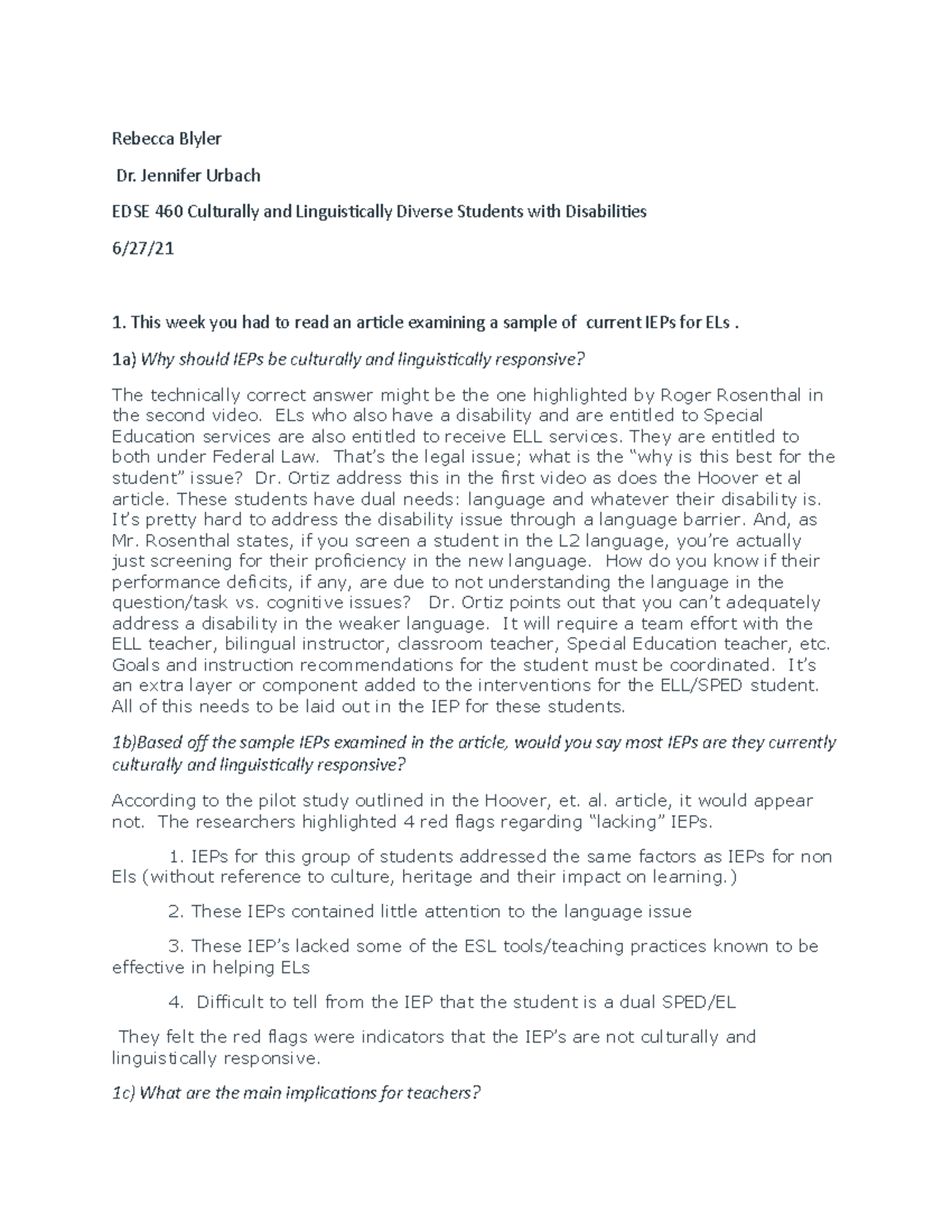 EDSE 460 Unit 6 Assignment - Rebecca Blyler Dr. Jennifer Urbach EDSE ...