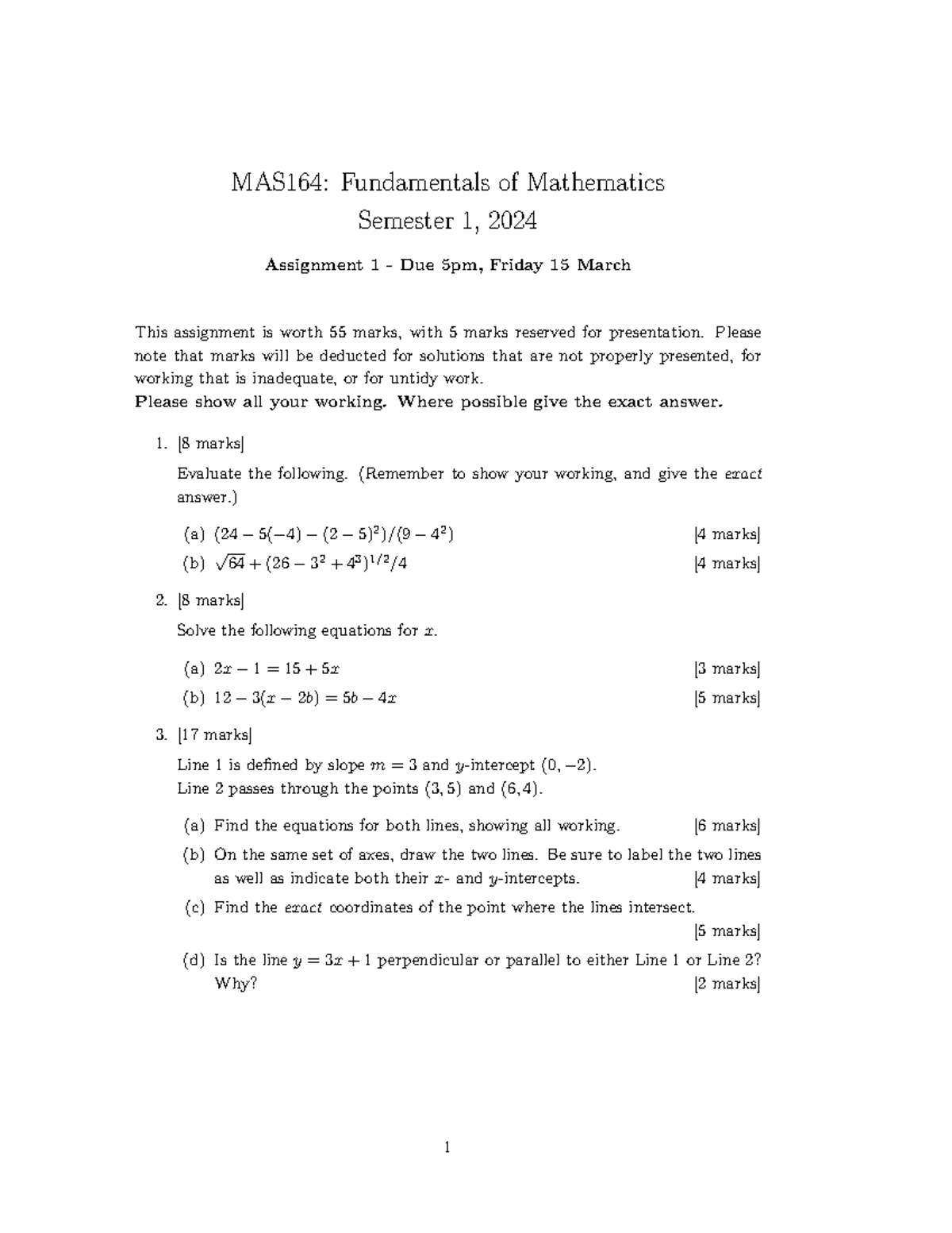 Ass1 24 - Assignment - MAS164: Fundamentals of Mathematics Semester 1 ...
