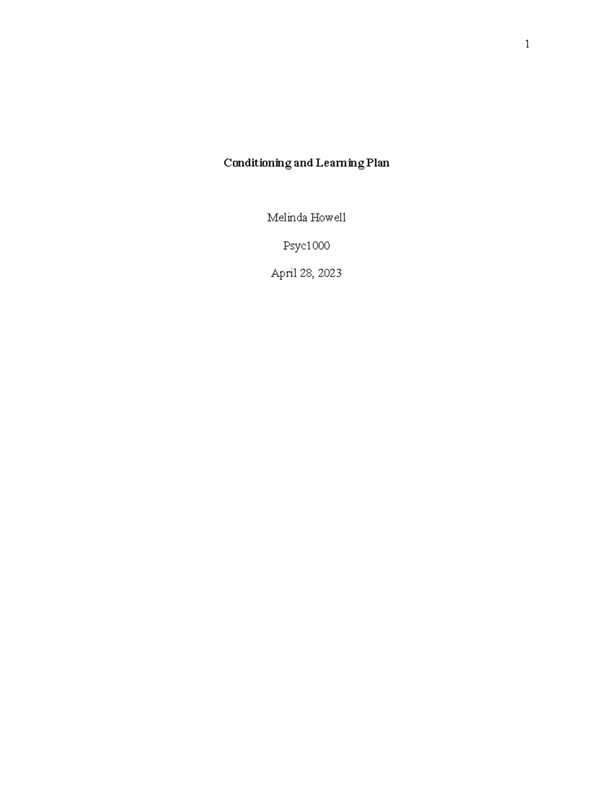 Conditioning and Learning Plan - Conditioning and Learning Plan Melinda ...