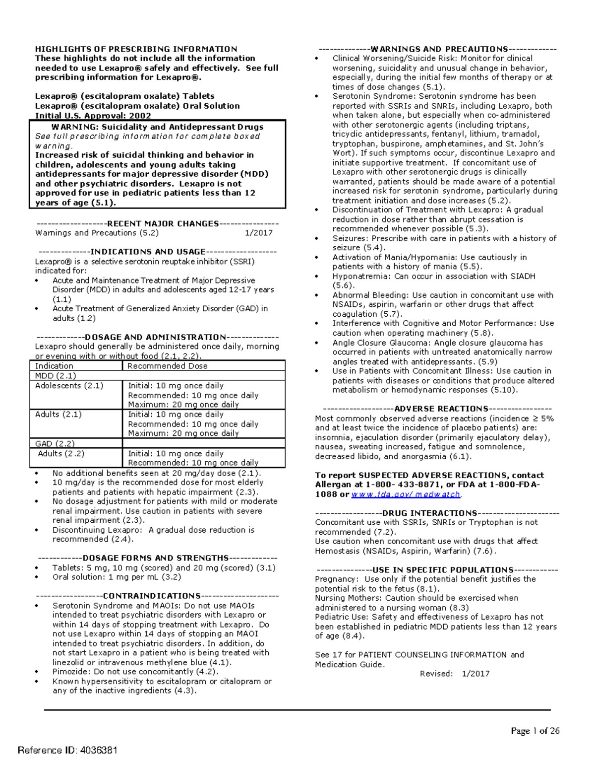 •Lexapro Labeling-508 - HIGHLIGHTS OF PRESCRIBING INFORMATION These ...