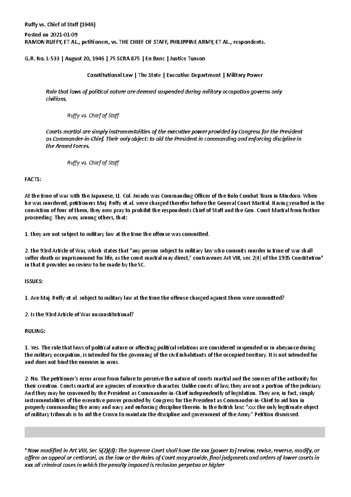 Ruffy V Chief Of Staff - Ruffy Vs. Chief Of Staff (1946) Posted On 2021 