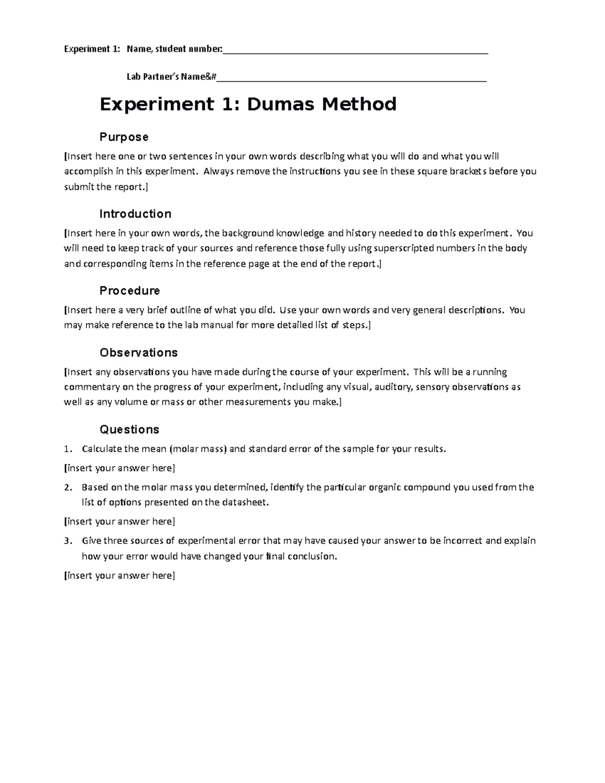 Template Dumas Method - Experiment 1: Name, student - Studocu