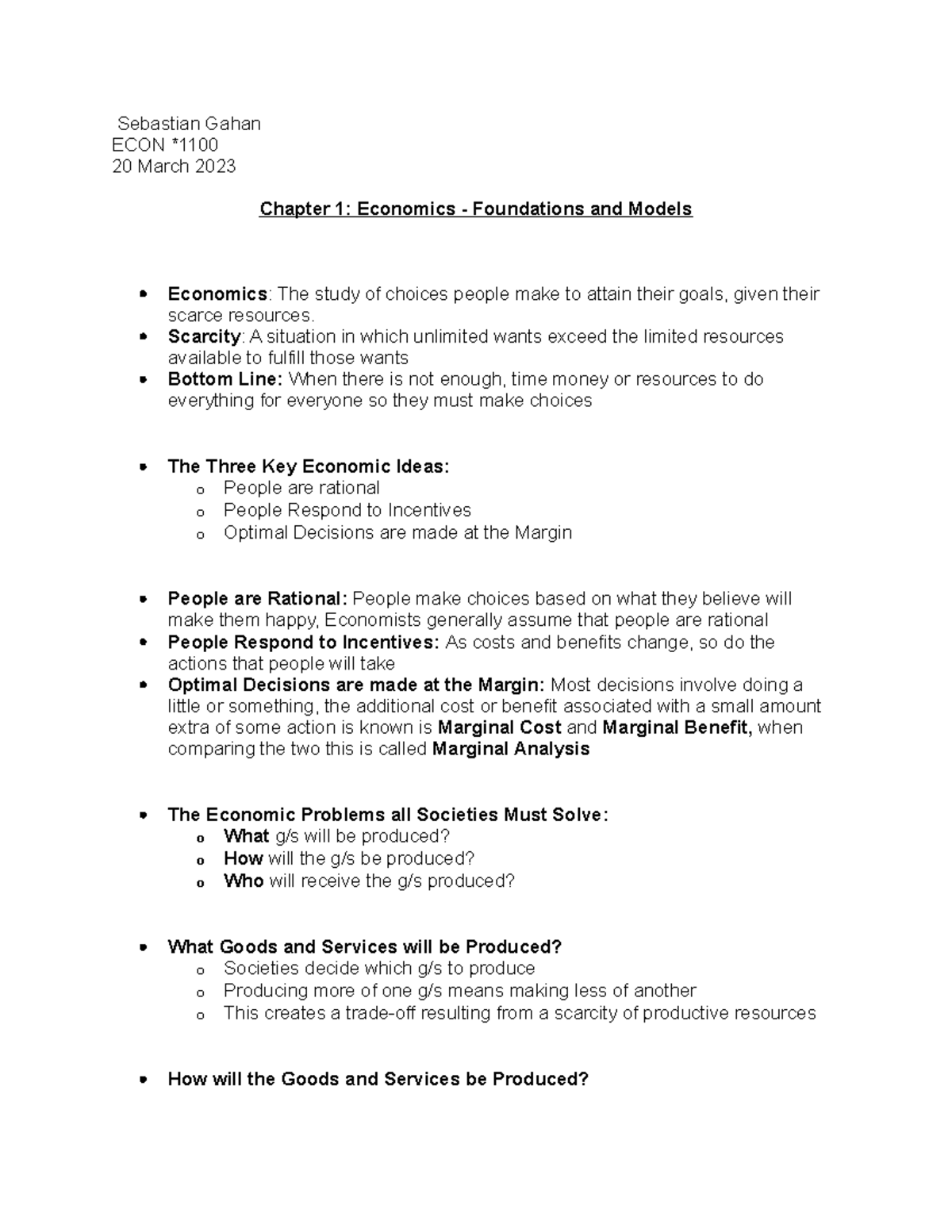 Econ Notes Chapter 1-6 - Sebastian Gahan ECON * 20 March 2023 Chapter 1 ...