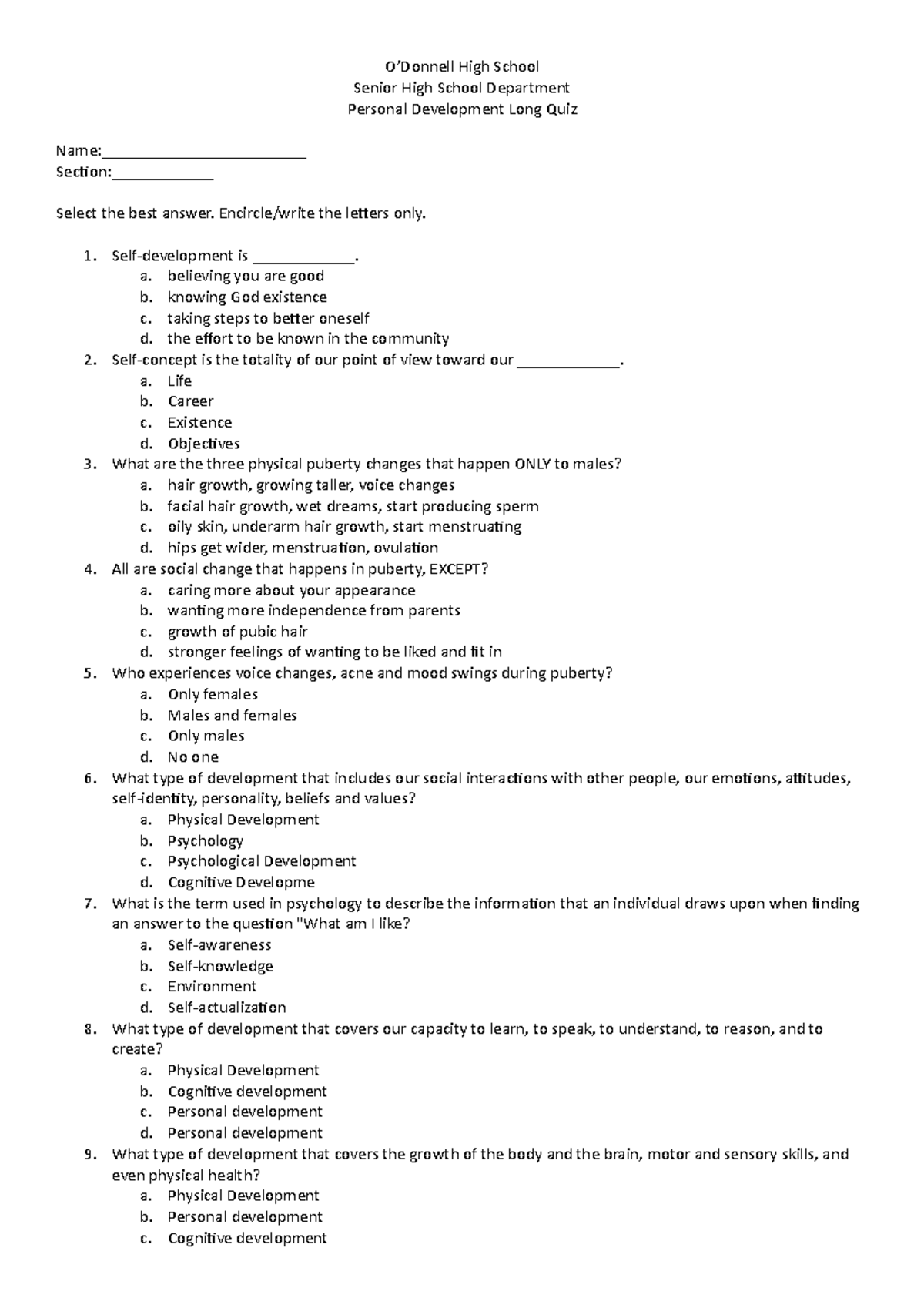 Per Dev Q2 Long Quiz 18 copies - O’Donnell High School Senior High ...