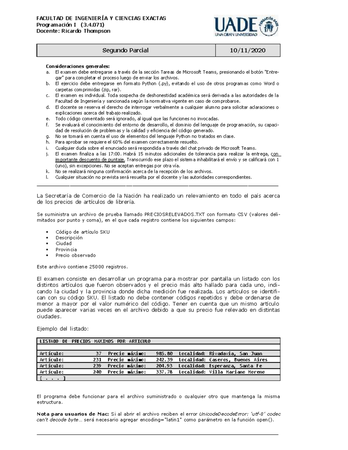 Segundo Parcial Programacion I Thompson - FACULTAD DE INGENIERÍA Y ...