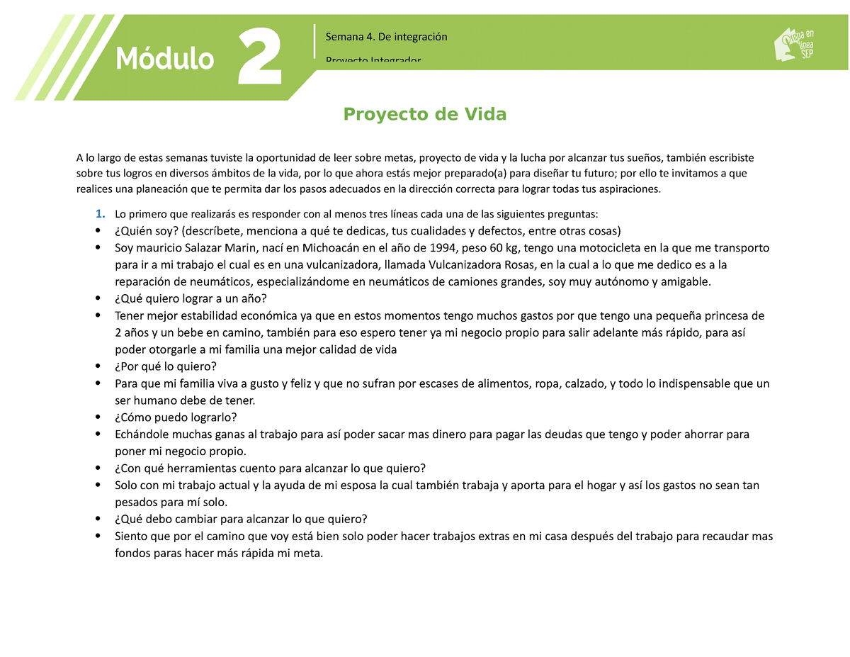 Proyecto Integrador Semana 4 Modulo 2 - Proyecto De Vida A Lo Largo De ...