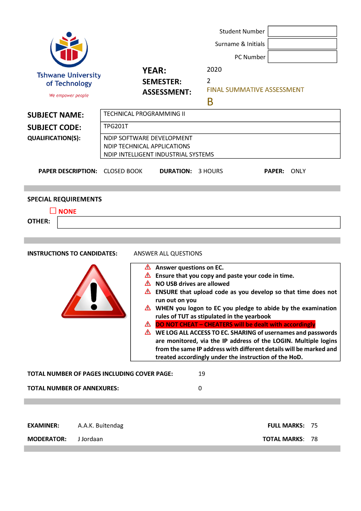 TPG201T FINAL SUMMATIVE ASSESSMENT B - YEAR: Student Number Surname ...