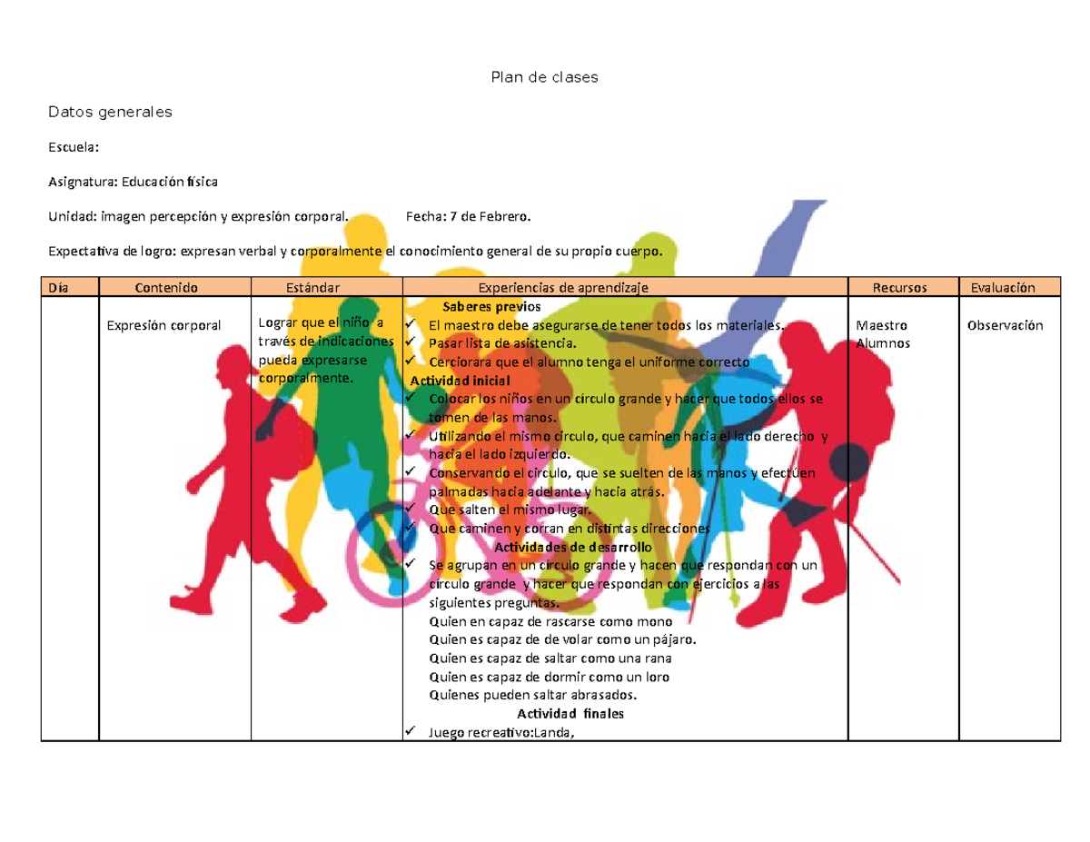 Plan De Clase De Educacion Fisica
