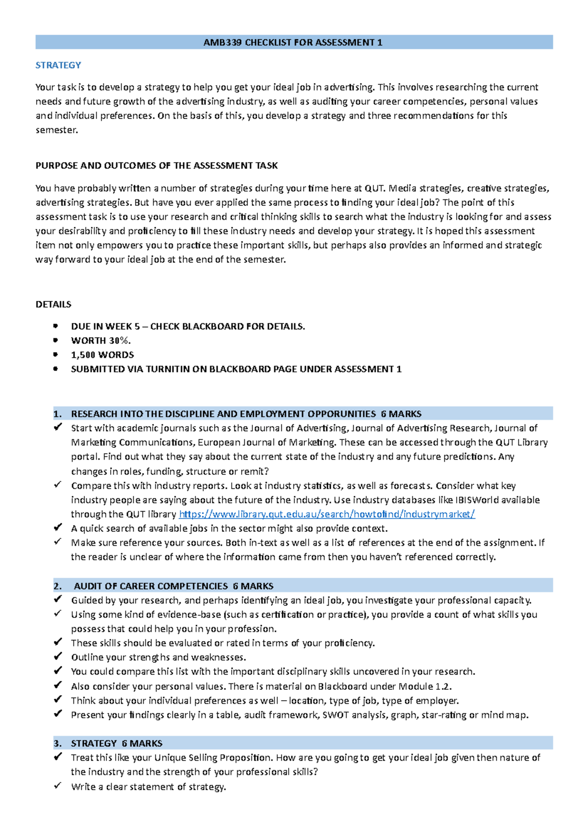 Checklist FOR Assessment 1 AMB339 - AMB339 CHECKLIST FOR ASSESSMENT 1 ...