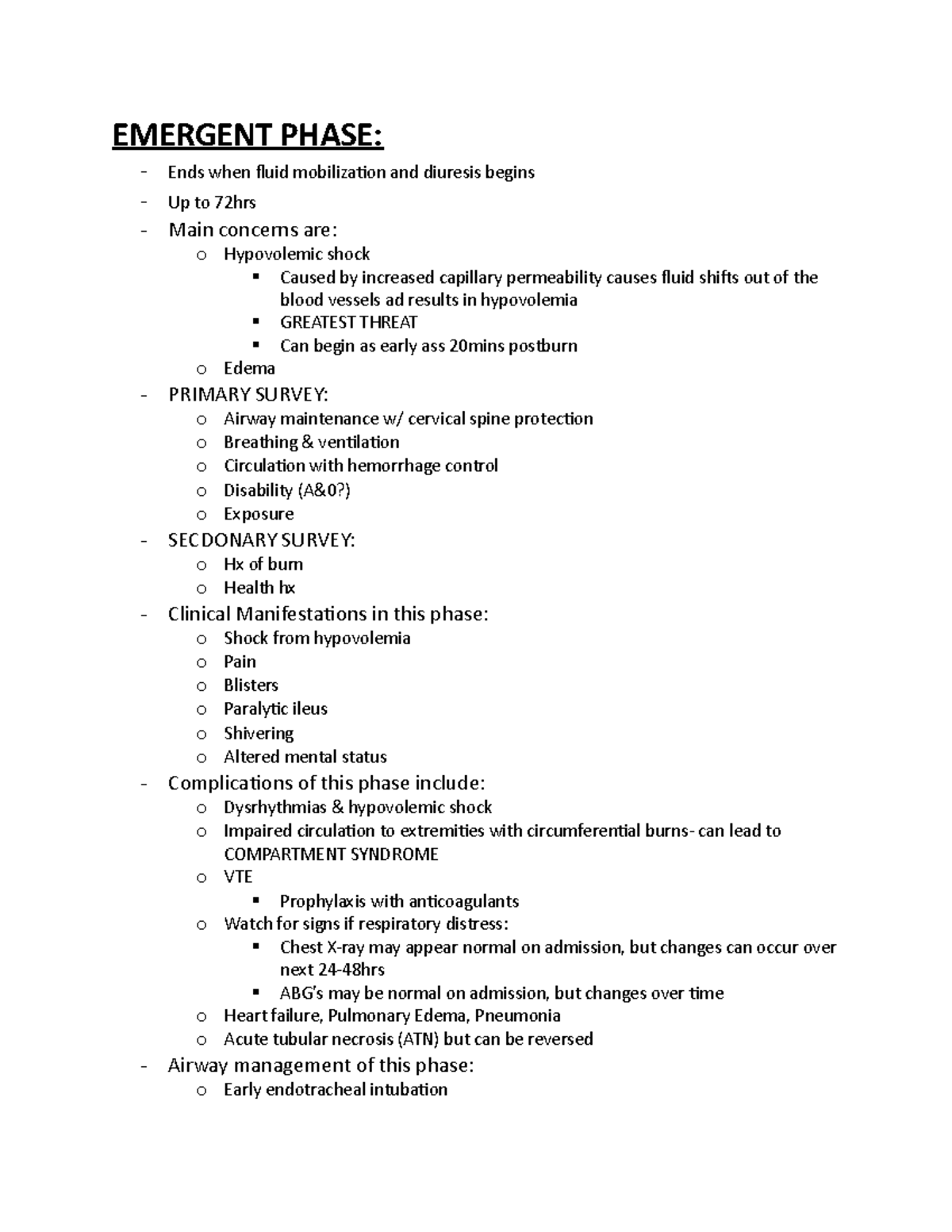 Burns Burn phases & notes from lecture and powerpoint and textbook