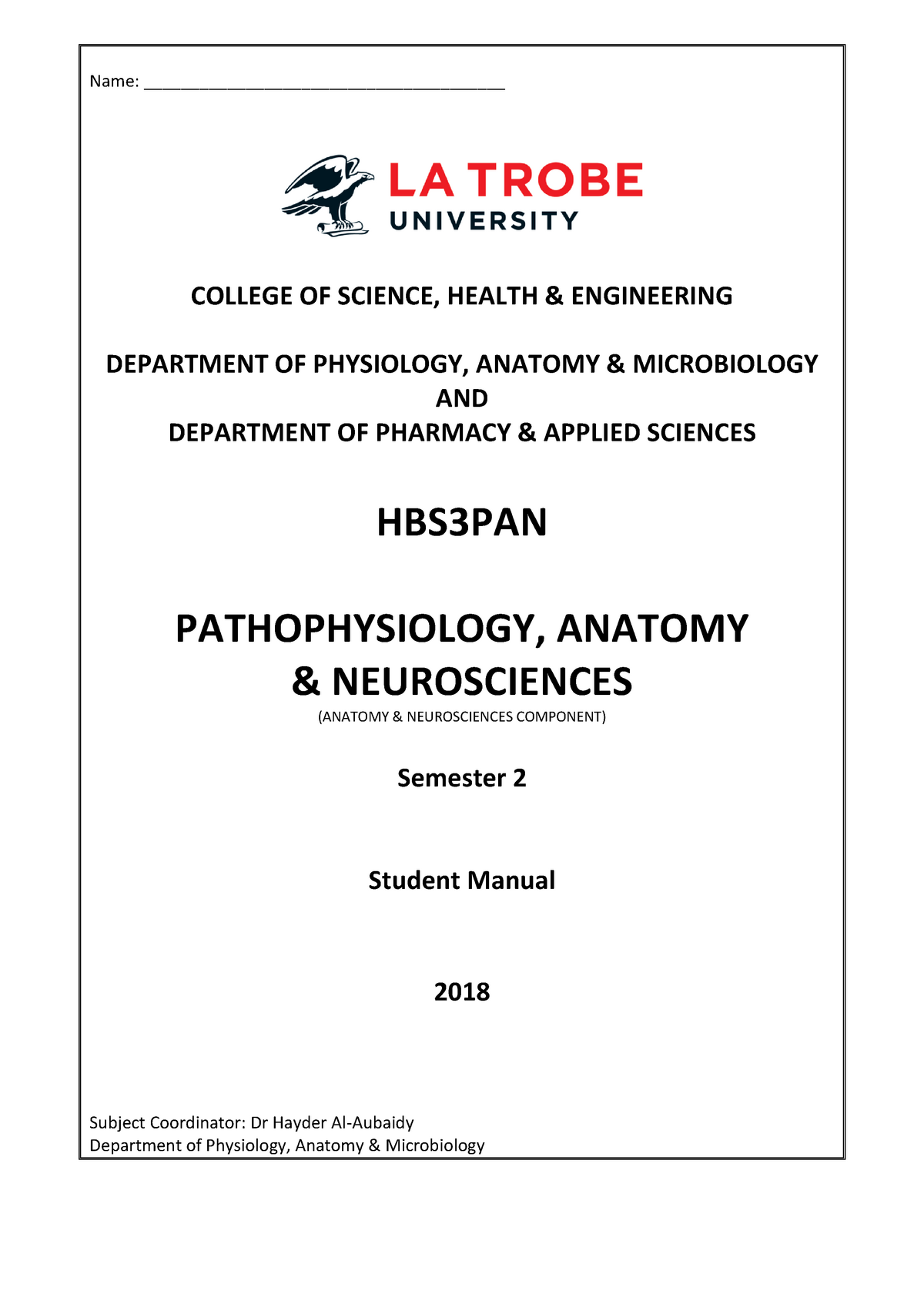 HBS3PAN Student Manual - Name: COLLEGE OF SCIENCE, HEALTH ENGINEERING ...