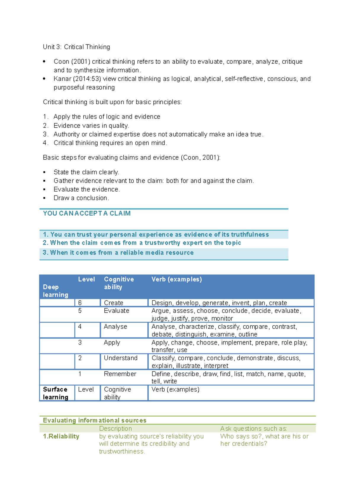 critical thinking unit 3