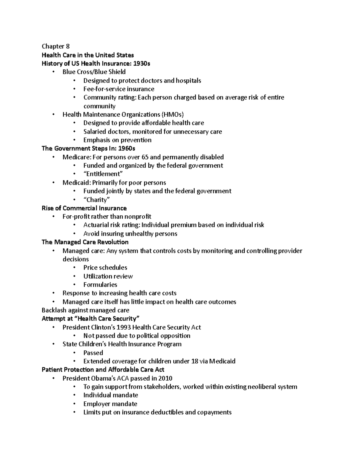 Chapter 8 - notes - Chapter 8 Health Care in the United States History ...