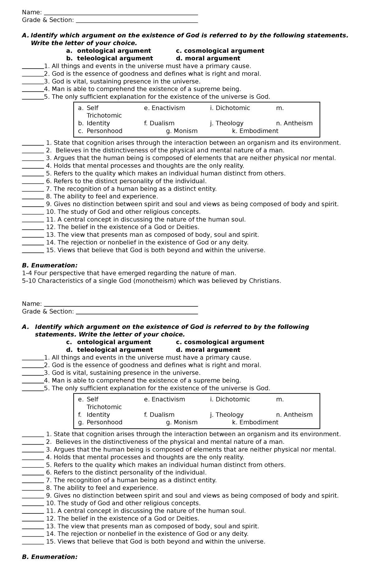 2nd Quiz of Intro to Philo Lesson 4-5 - Name: Grade & Section: A ...