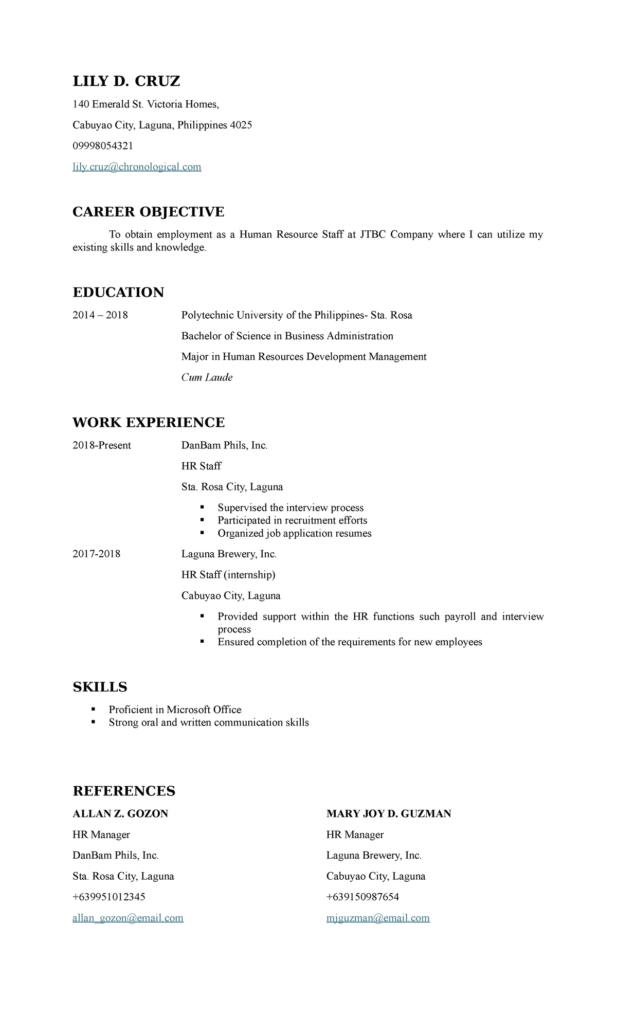 Resume - LILY D. CRUZ 140 Emerald St. Victoria Homes, Cabuyao City ...