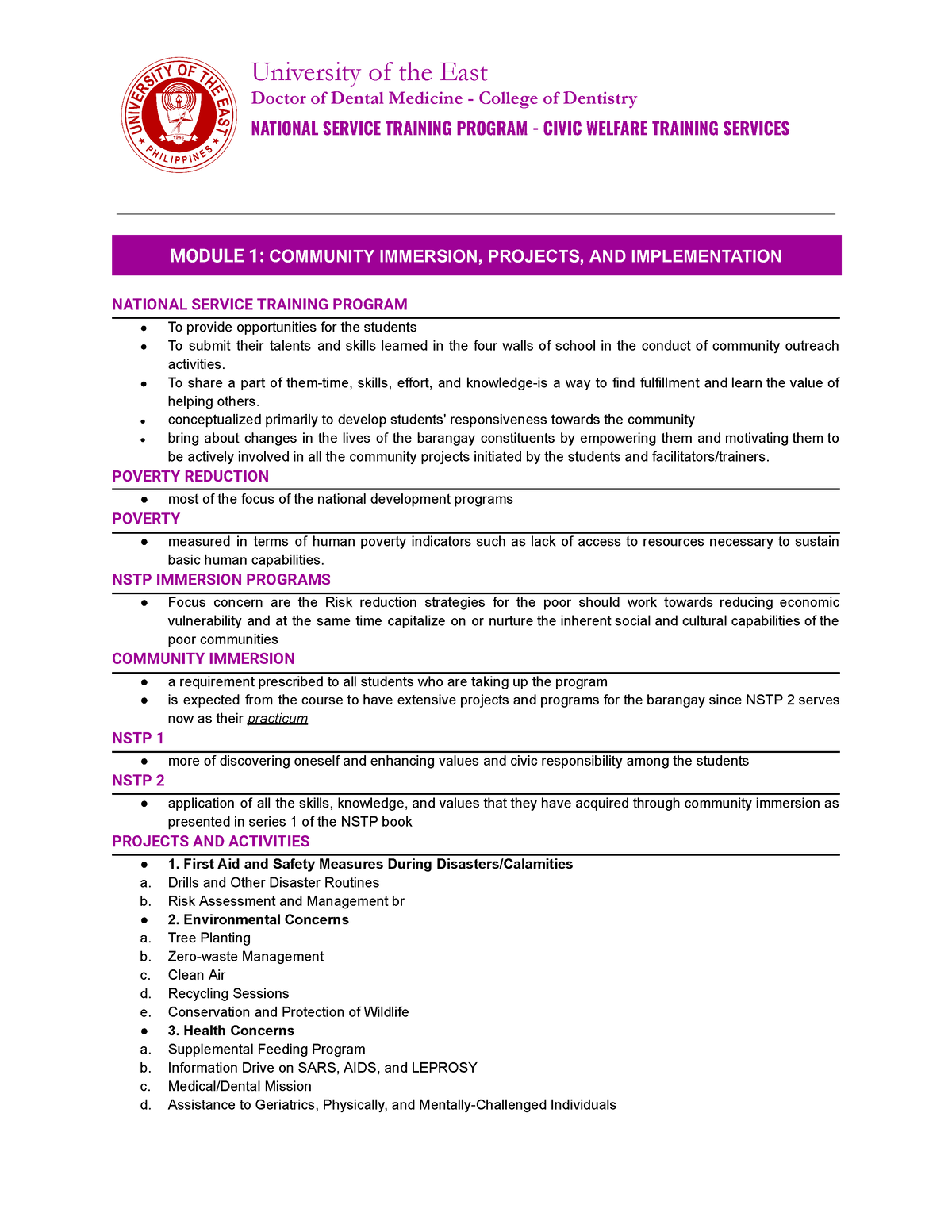 NSTP Reviewer   MODULE 1, 2, 3, 4, AND 10   Doctor Of Dental Medicine