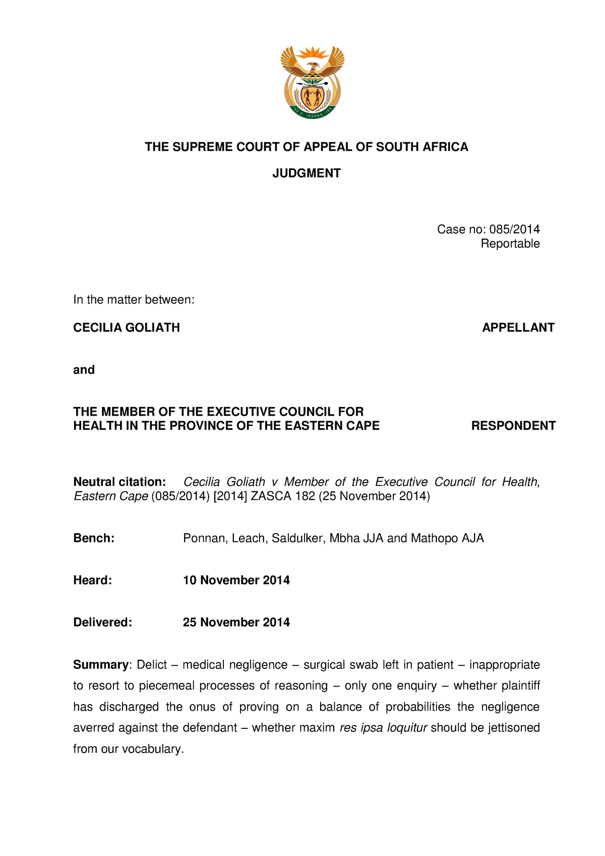 Goliath v MEC Health Eastern Cape - THE SUPREME COURT OF APPEAL OF ...