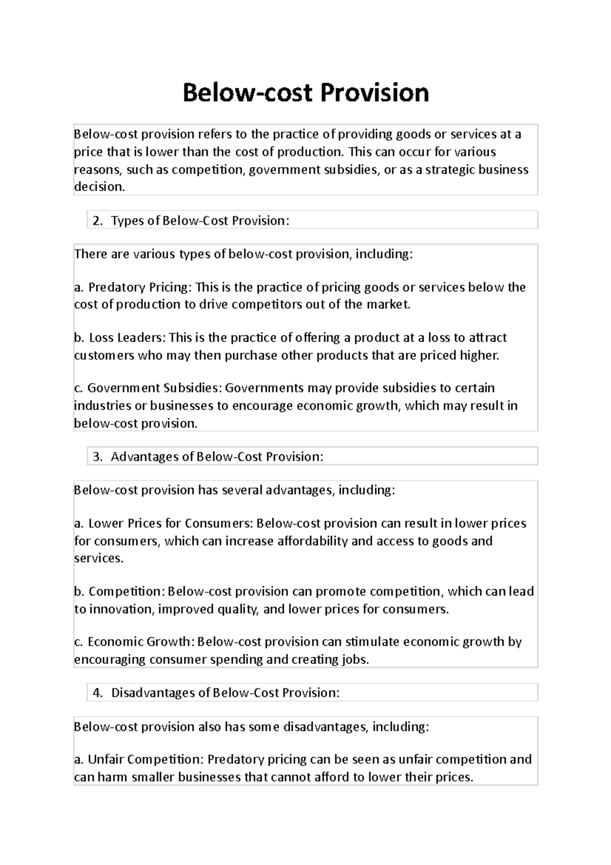 BelowCost Provision Belowcost Provision Belowcost provision refers